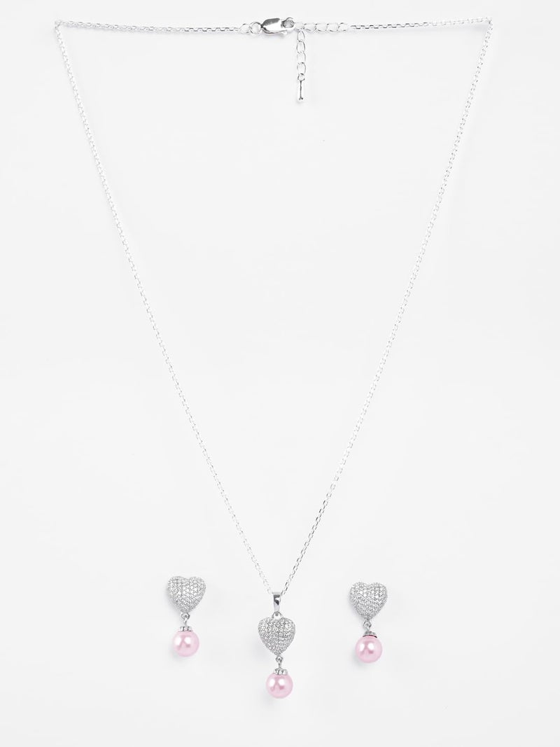 Clara 925 Sterling Silver Nazy Pink Pearl Heart Pendant Earrings Chain Necklace Jewellery Set | Platinum Plated, Swiss Zirconia |Gift for Women and Girls - Image 4
