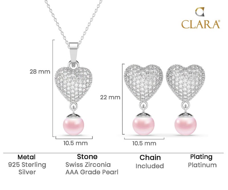 Clara 925 Sterling Silver Nazy Pink Pearl Heart Pendant Earrings Chain Necklace Jewellery Set | Platinum Plated, Swiss Zirconia |Gift for Women and Girls - Image 5