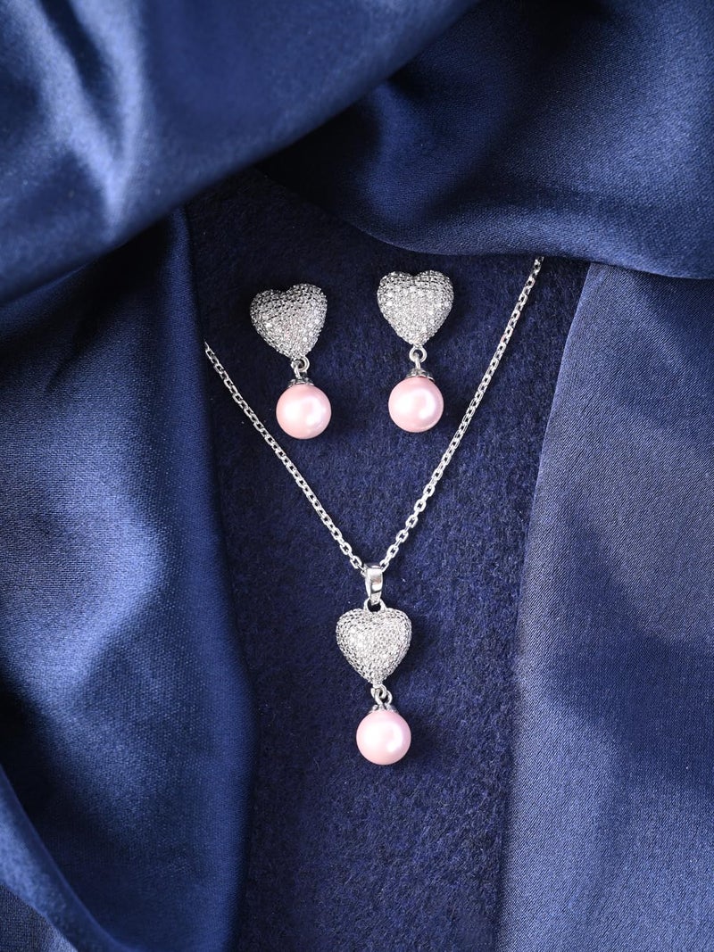 Clara 925 Sterling Silver Nazy Pink Pearl Heart Pendant Earrings Chain Necklace Jewellery Set | Platinum Plated, Swiss Zirconia |Gift for Women and Girls - Image 2