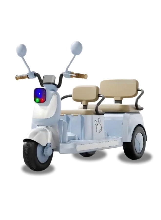 دراجة نارية كهربائية للأطفال بثلاث عجلات ومقعدين مع أضواء LED وموسيقى، لون أزرق - Image 1