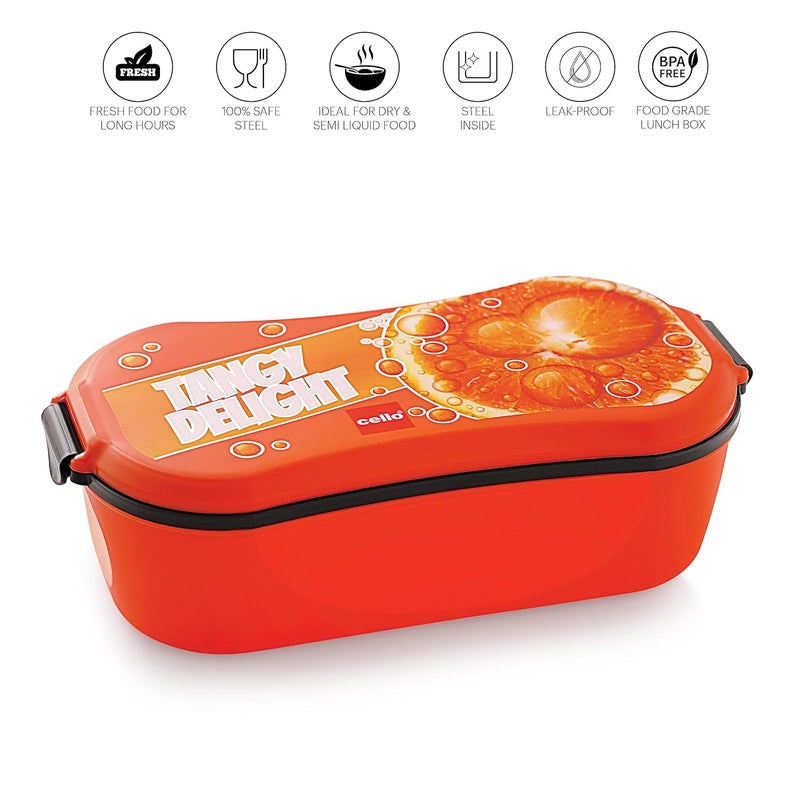 Cello CELLO Doppler Steel Lunch Box for Kids Adults, Orange | Insulated Tiffin Keeps Food Warm | 2 Compartments with Locking Lid | Spill Leak Proof | Ideal for Office, School, Picnic & Travelling  - Image 3
