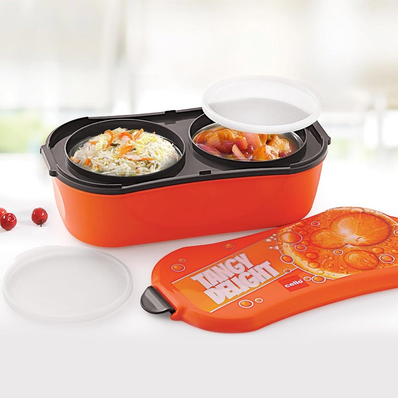 Cello CELLO Doppler Steel Lunch Box for Kids Adults, Orange | Insulated Tiffin Keeps Food Warm | 2 Compartments with Locking Lid | Spill Leak Proof | Ideal for Office, School, Picnic & Travelling  - Image 2