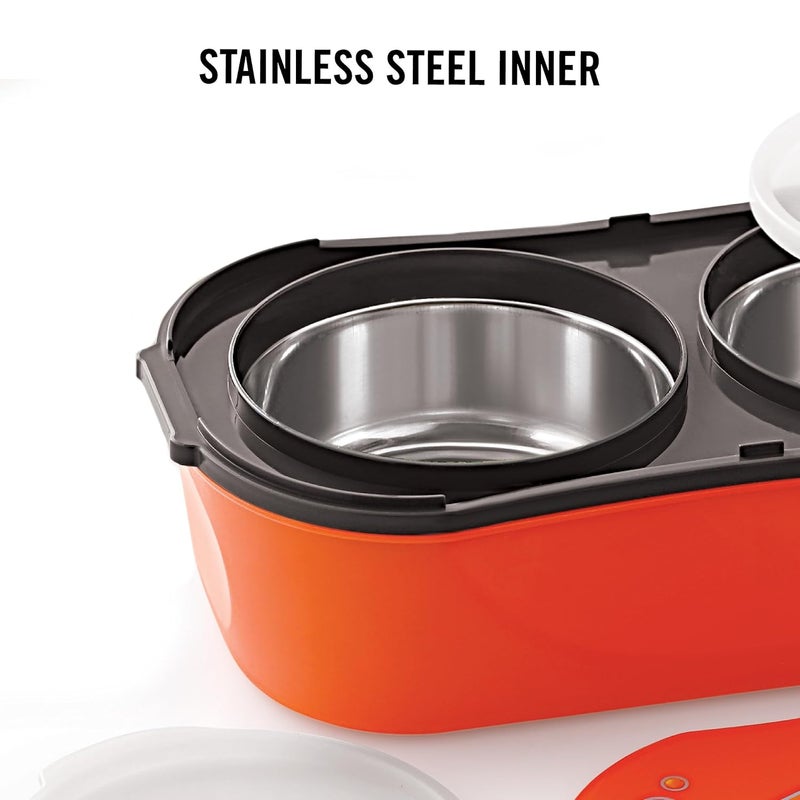 Cello CELLO Doppler Steel Lunch Box for Kids Adults, Orange | Insulated Tiffin Keeps Food Warm | 2 Compartments with Locking Lid | Spill Leak Proof | Ideal for Office, School, Picnic & Travelling  - Image 4