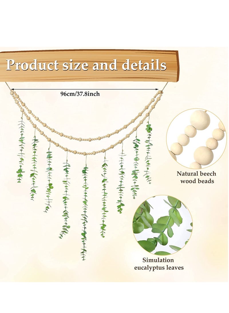 Excefore Wall Hanging Decor, Eucalyptus Boho Decor Bedroom Wooden Bead Garland Artificial Natural Greenery Decoration for Guest Modern Bathroom Living Room - Image 2