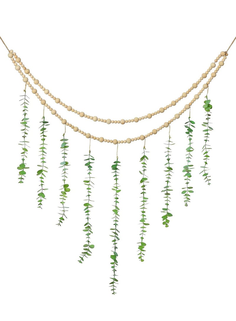 Excefore Wall Hanging Decor, Eucalyptus Boho Decor Bedroom Wooden Bead Garland Artificial Natural Greenery Decoration for Guest Modern Bathroom Living Room - Image 1