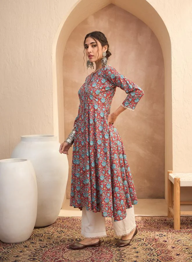 SASSAFRAS  Red Floral Buttoned Pocket Kurta for Women | Best Price UAE