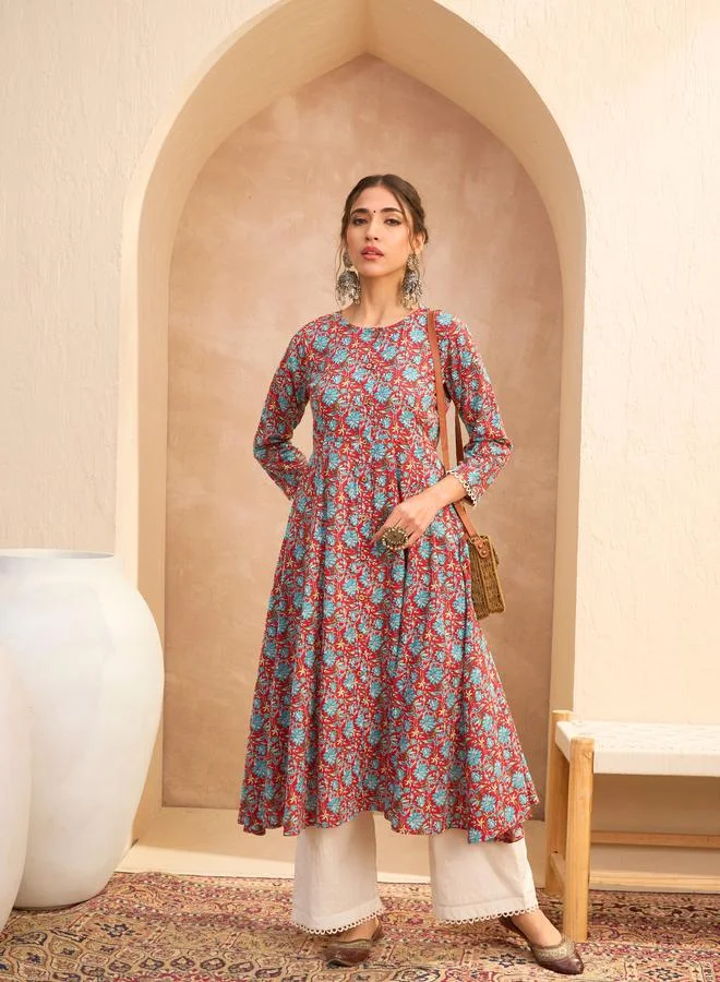 ساسافراس Sassafras Red Floral Buttoned Pocket Kurta