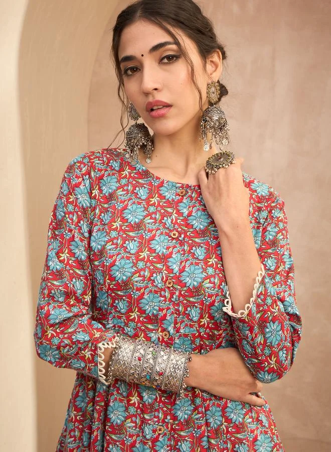 SASSAFRAS  Red Floral Buttoned Pocket Kurta for Women | Best Price UAE