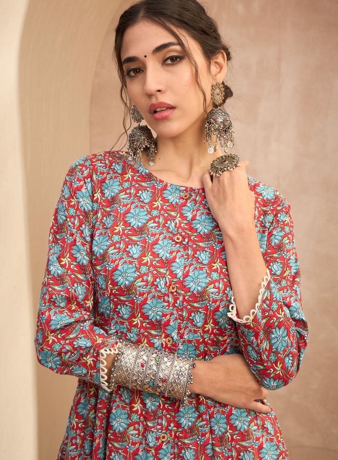 SASSAFRAS Red Floral Buttoned Pocket Kurta - Image 4