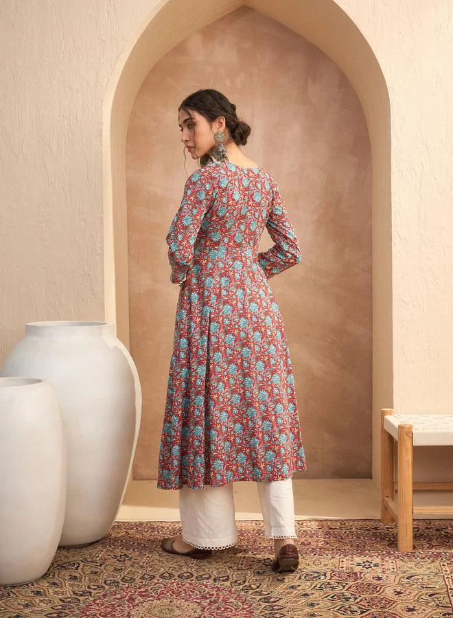 SASSAFRAS  Red Floral Buttoned Pocket Kurta for Women | Best Price UAE