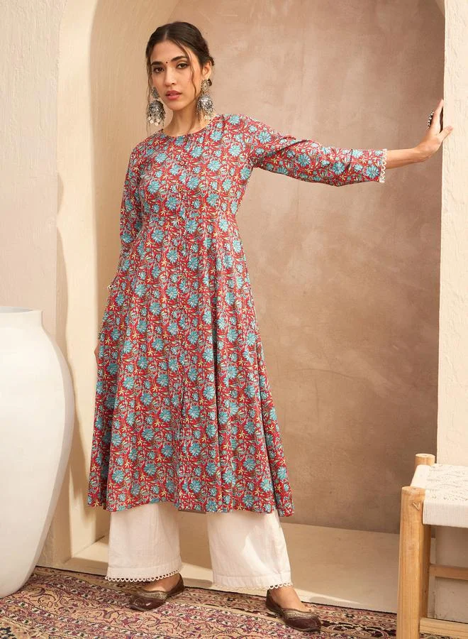 SASSAFRAS  Red Floral Buttoned Pocket Kurta for Women | Best Price UAE