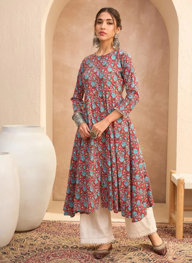 ساسافراس Sassafras Red Floral Buttoned Pocket Kurta