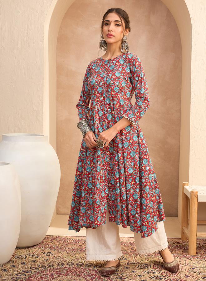 SASSAFRAS Red Floral Buttoned Pocket Kurta - Image 1