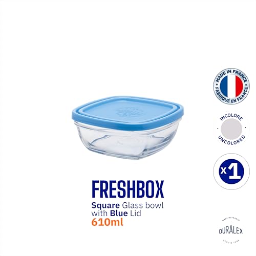 Duralex France FreshBox Square Tempered Glass Storage Container with Blue Lid, 610ML, Set of 1 Piece | 3x Stronger & Durable | Thermal & Shock Resistant | Microwave & Dishwasher Safe - Image 2