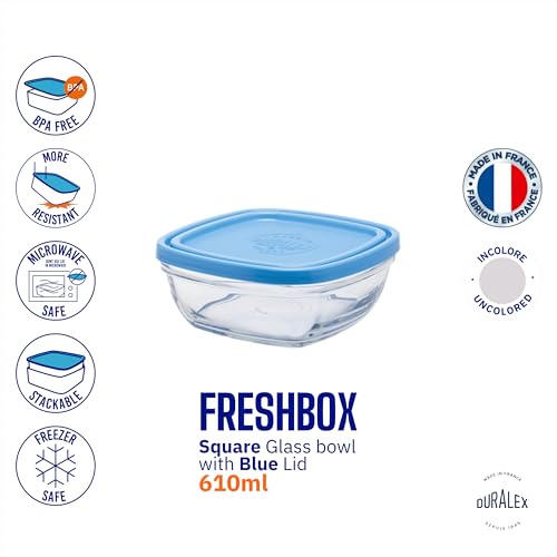 Duralex France FreshBox Square Tempered Glass Storage Container with Blue Lid, 610ML, Set of 1 Piece | 3x Stronger & Durable | Thermal & Shock Resistant | Microwave & Dishwasher Safe - Image 5