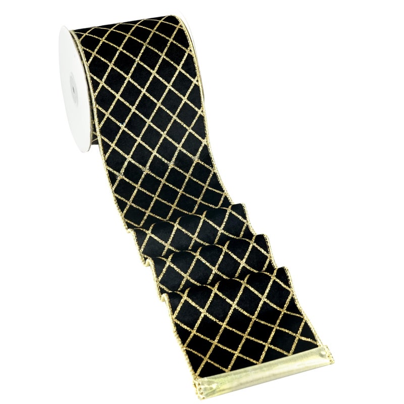 MAYREEL 4 Inch Black and Gold Velvet Wired Ribbon Metallic Diamond Glitter Grid for Christmas Gift Wrapping Floral Craft Bows Wreaths Garland Wedding Holiday Decor 10 Yards