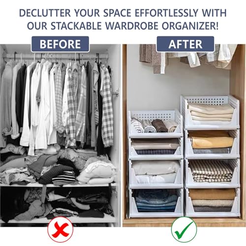 Aditya Polymers Pack of 4 Pcs (Large) Clothes Organizer For Wardrobe Cupboard| Foldable Stackable| MultiPurpose Adjustable Sliding Tray Basket| Almirah Closet Space Organiser| Shirt Stacker - Image 4