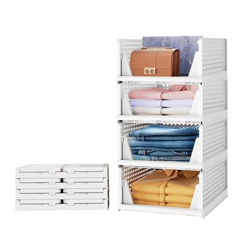 Aditya Polymers Pack of 4 Pcs (Large) Clothes Organizer For Wardrobe Cupboard| Foldable Stackable| MultiPurpose Adjustable Sliding Tray Basket| Almirah Closet Space Organiser| Shirt Stacker - Image 1