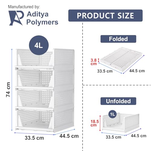 Aditya Polymers Pack of 4 Pcs (Large) Clothes Organizer For Wardrobe Cupboard| Foldable Stackable| MultiPurpose Adjustable Sliding Tray Basket| Almirah Closet Space Organiser| Shirt Stacker - Image 5