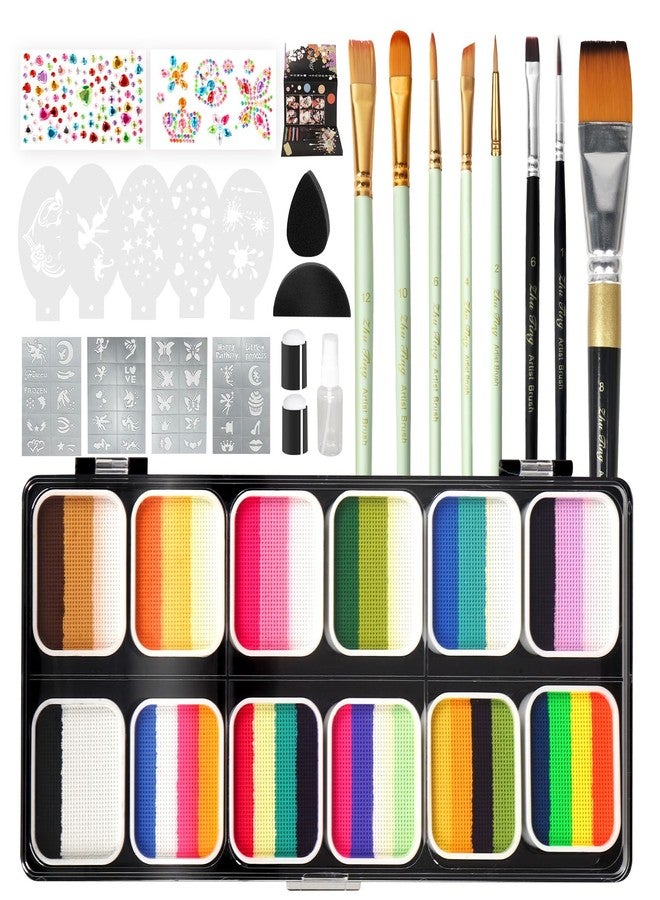Pintada 120g Large Capacity Face Painting Kit for Kids - 12 x 10g Non Toxic Water Based Face Paint Palette with Brush, Stencils, gems, Sponges. For Halloween Makeup, birthdays, party, festivals & events. - Image 1