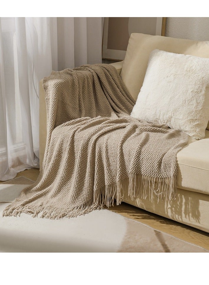Loquat Tassel Design Knitted Textured Soft Throw Blanket Keep Warm Khaki - Image 1