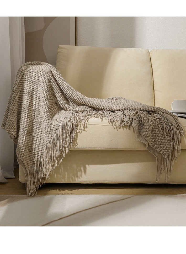 Loquat Tassel Design Knitted Textured Soft Throw Blanket Keep Warm Khaki - Image 2