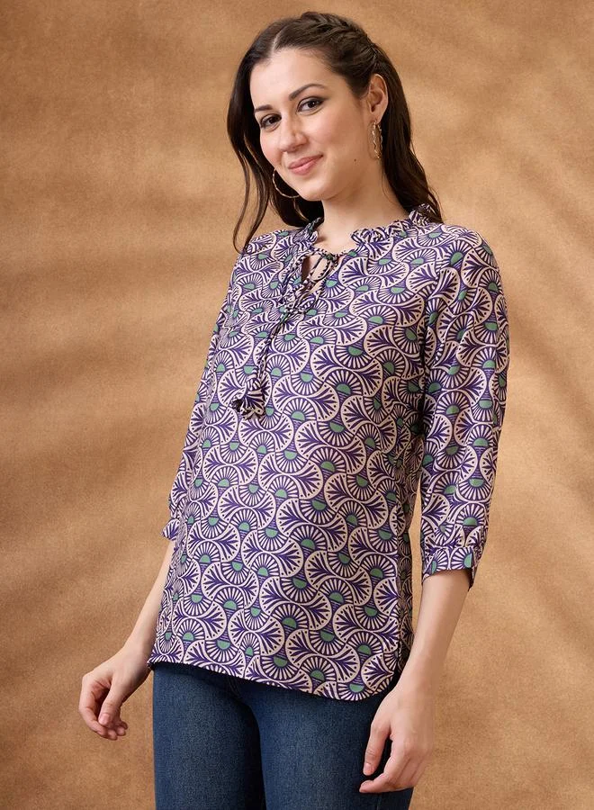 globus Globus Blue Tie-Up Neck Ethnic Print Workwear Tunic