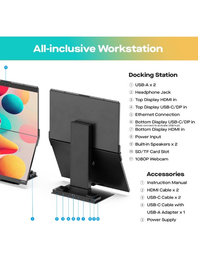 Mobile pixel - Geminos T | Dual 24-inch Stacked Monitors Touchscreen, 1080P Webcam&Speakers, 65W USB-C Charging, Vertical Desktop Monitor, Built-in Hub, HDMI/USB-A/USB-C, Fully Adjustable (2 Monitors) - Image 1
