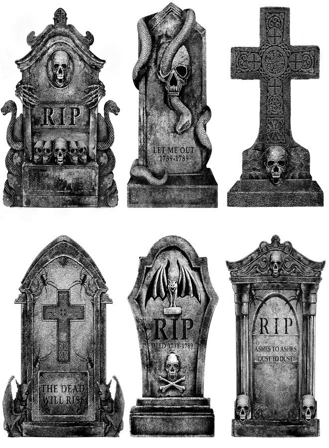 LimBridge Graveyard Halloween Decorations Outdoor Tombstones: 6ct Large Tombstone Halloween Yard Signs with Stakes, 16" Realistic Scary Skeleton RIP Gravestones Lawn Cemetery Decor Outside for Kids Home Party - Image 1