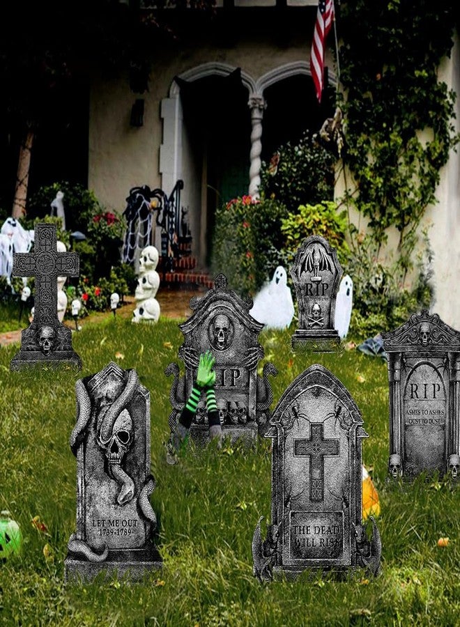 LimBridge Graveyard Halloween Decorations Outdoor Tombstones: 6ct Large Tombstone Halloween Yard Signs with Stakes, 16" Realistic Scary Skeleton RIP Gravestones Lawn Cemetery Decor Outside for Kids Home Party - Image 5