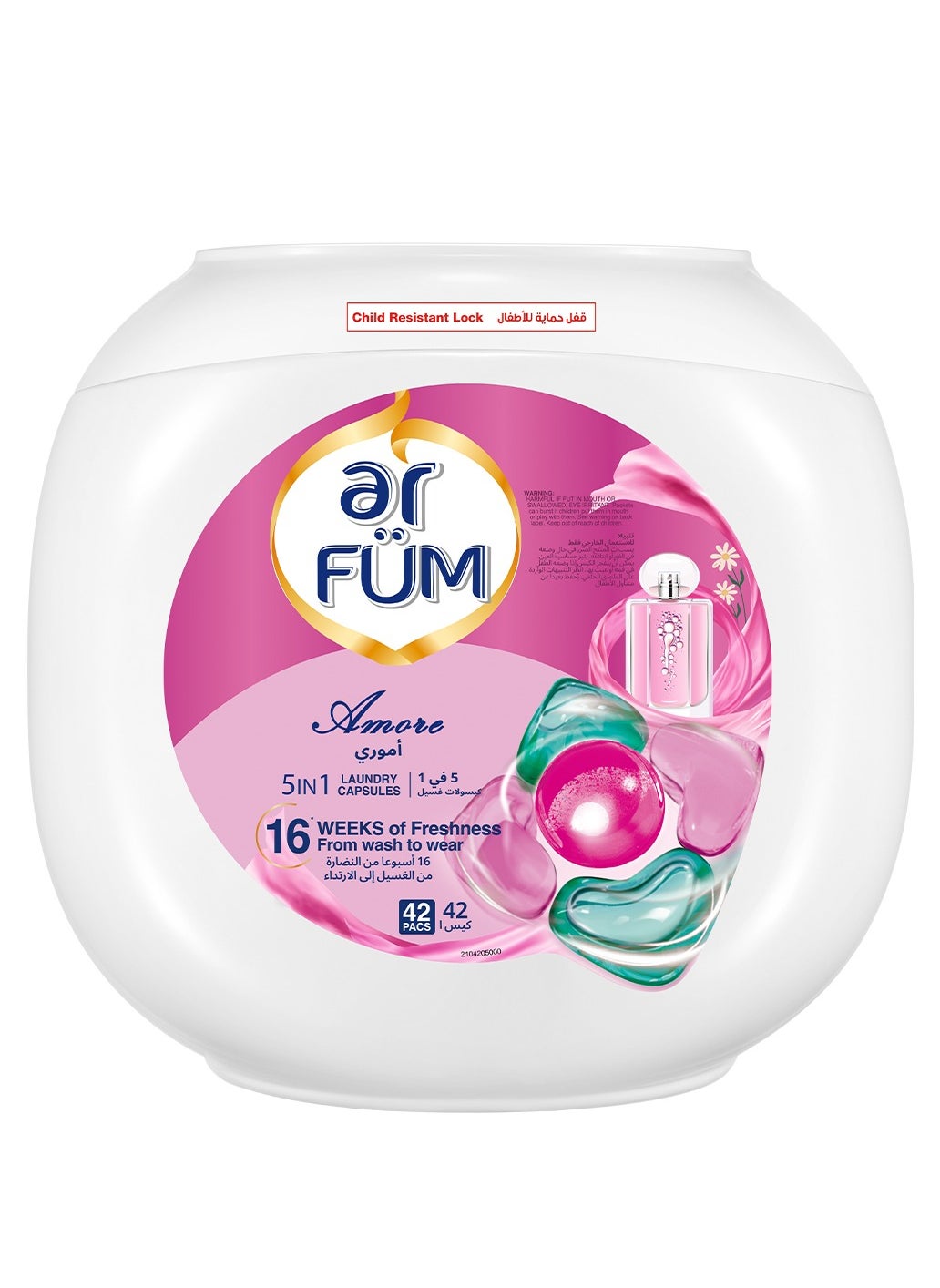 ar FUM ArFum PODS, 5-in-1 Laundry Detergent Capsules with Scent Booster, Detergent Concentrate, Softener, Color Protect, Powerful Stain Remover in 1 capsule, 16 Weeks Long-Lasting Fragrance, 42 Pods, Amore 