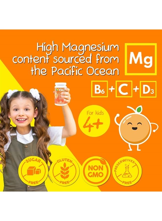 VAL Chewable Magnesium for Kids, Relaxation and Calm Formula, Glycinate, Citrate, Taurate, Vitamin B6, D, C, Natural Orange Flavor, Sugar Free, Gluten Free, Non-GMO, 60 Chewable Tablets - Image 2