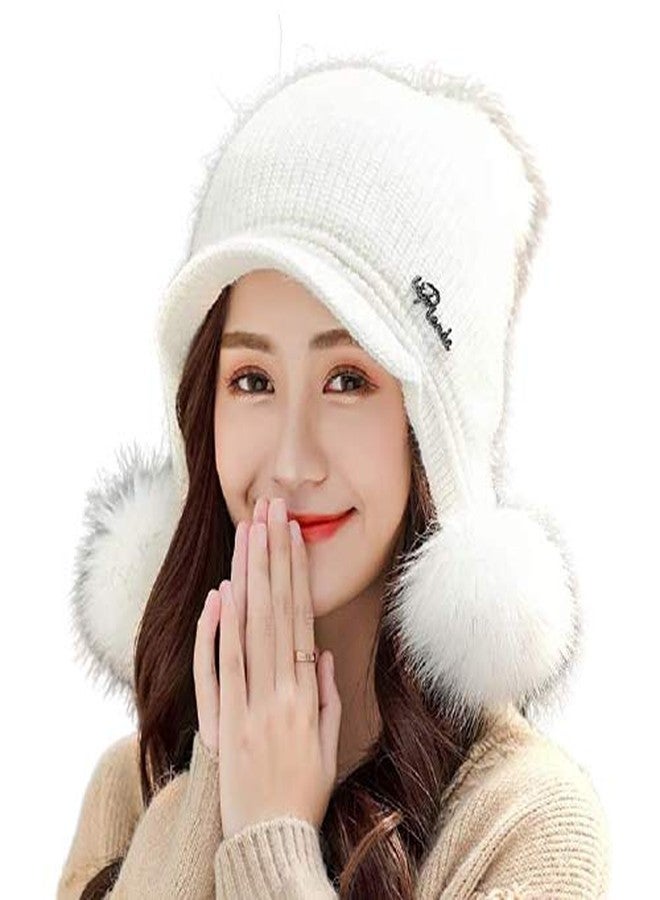 Malvina Winter Soft Warm Snow Proof Visor Pom Pom Cap (Inside Fur) Woolen Beanie Cap for Women's & Girl's (Beige) - Image 1