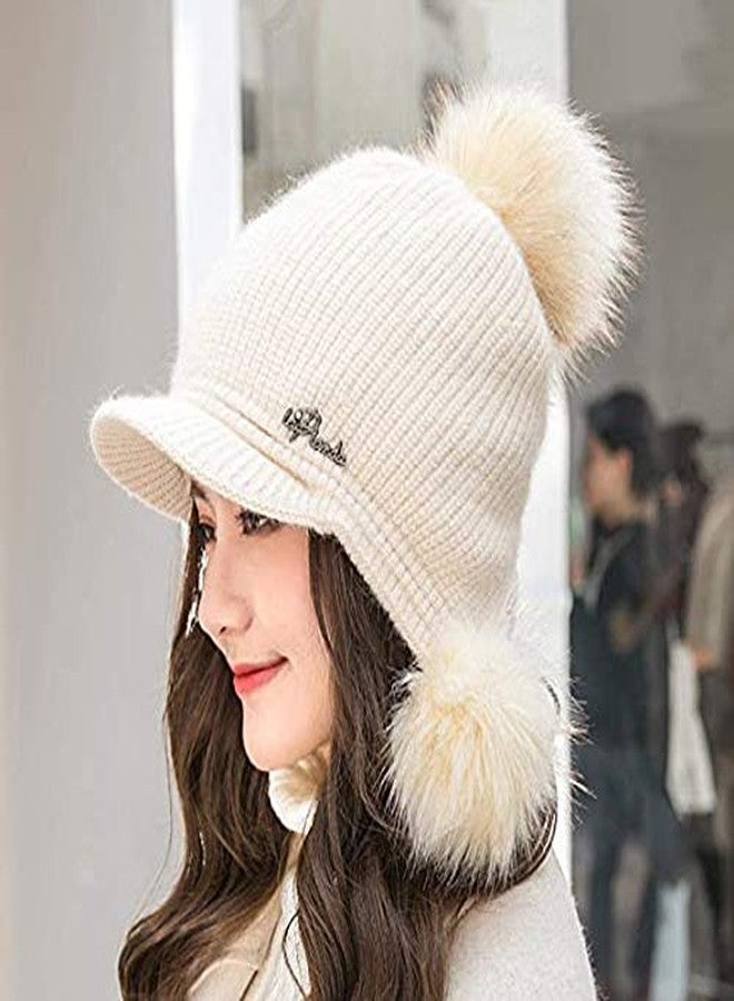 Malvina Winter Soft Warm Snow Proof Visor Pom Pom Cap (Inside Fur) Woolen Beanie Cap for Women's & Girl's (Beige) - Image 2