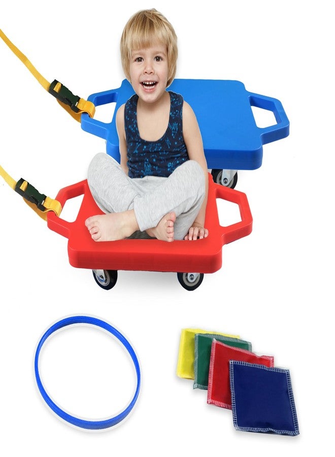 romrex 2 Plastic Scooter Boards with Handles for Kids Sitting and Sports Training, with 1 Ring, 2 Ropes and 4 Beanbags, Indoor and Outdoor Play - Image 1
