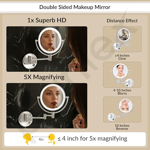 Plantex Brass and 304 Stainless-Steel Magnifying Mirror with LED/Makeup Mirror with Light/Zoom Mirror- 5x/1x Magnification (8 Inch-Chrome/Wall Mount) - Image 2