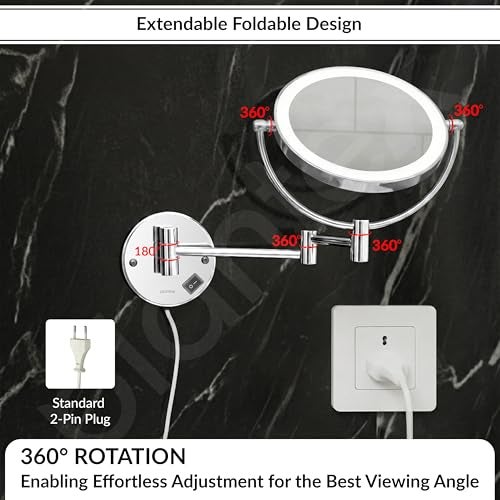 Plantex Brass and 304 Stainless-Steel Magnifying Mirror with LED/Makeup Mirror with Light/Zoom Mirror- 5x/1x Magnification (8 Inch-Chrome/Wall Mount) - Image 4
