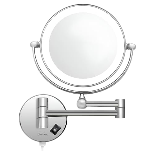 Plantex Brass and 304 Stainless-Steel Magnifying Mirror with LED/Makeup Mirror with Light/Zoom Mirror- 5x/1x Magnification (8 Inch-Chrome/Wall Mount) - Image 1