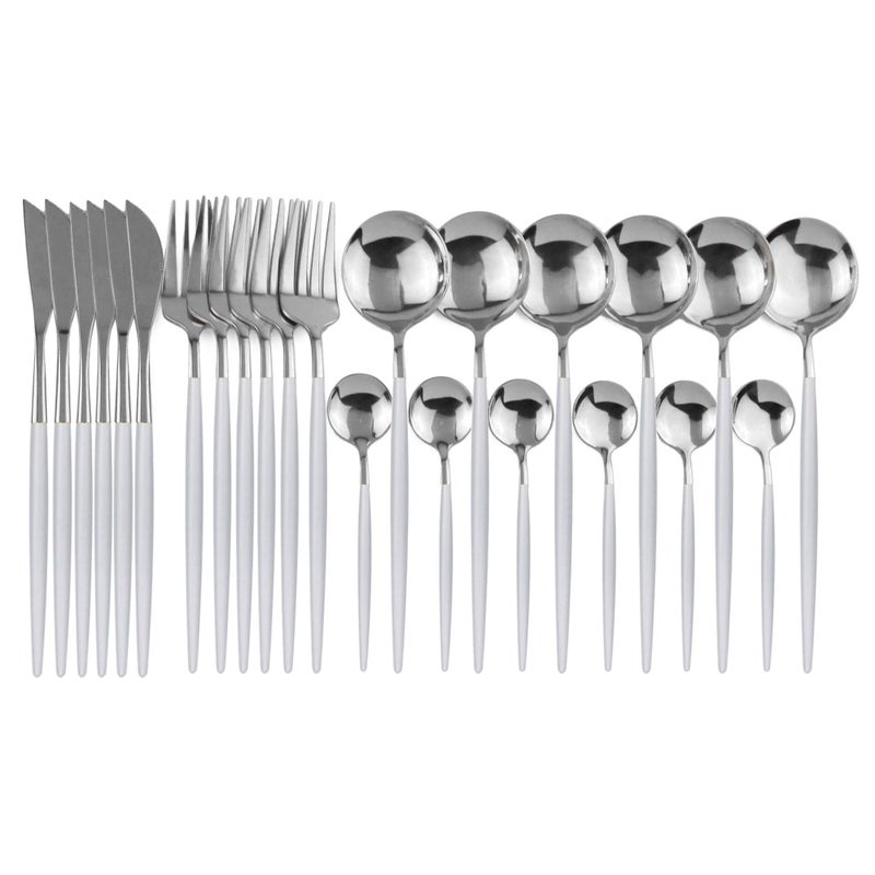 JANKNG 24Piece Flatware Set 180 Stainless Steel Knife Fork Spoon Teaspoon Silverware Set Service for 6 White Handle Silver