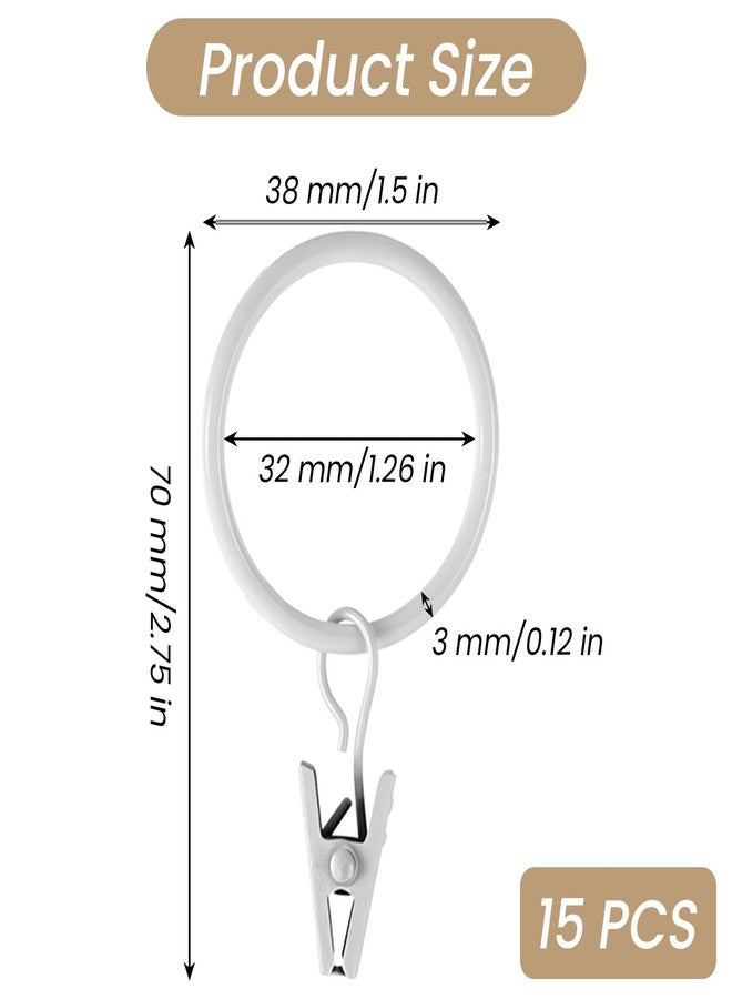 Telooco 15Pcs White Curtain Rings with Clips, Metal Drapery Rings 1.26” Interior Diameter Curtain Hooks Ring Clips to Hang Curtains, Fit up to 1 inch Curtains Rod - Image 2
