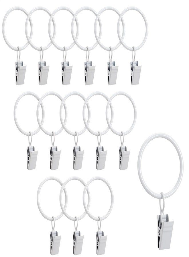 Telooco 15Pcs White Curtain Rings with Clips, Metal Drapery Rings 1.26” Interior Diameter Curtain Hooks Ring Clips to Hang Curtains, Fit up to 1 inch Curtains Rod - Image 1