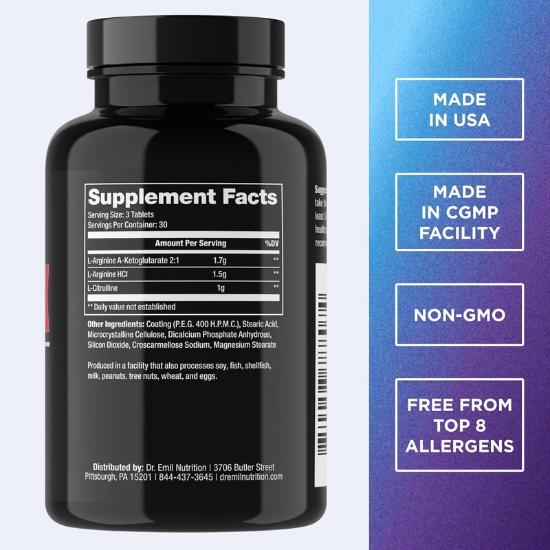 DR EMIL NUTRITION Dr Emil  Elite L Arginine 3150mg  LCitrulline Highest Dose  Nitric Oxide Supplement for Vascularity Endurance and Heart Health AAKG and HCL  90 Tablets - Image 3