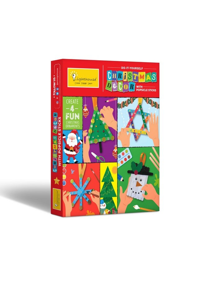 Lighthouse LIGHTHOUSE Art and Craft Kit | DIY Christmas Decor With Popsicle Sticks for Kids, Includes 25 Popsicle Sticks, Colour Paper Cutouts, Foil Mirrors, Sequins, and More | Christmas Gift for Kids (Pack of 10)  - Image 1