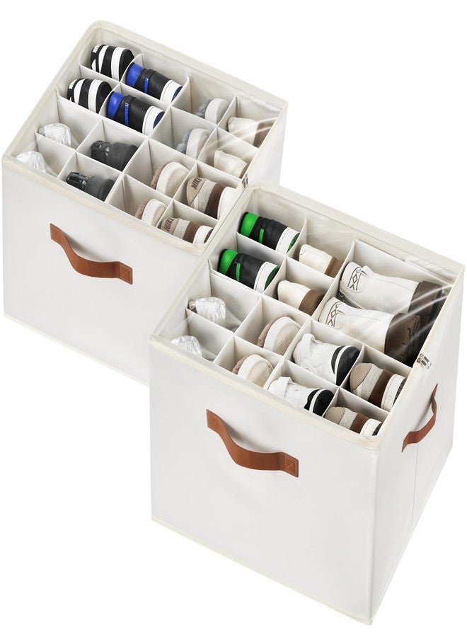 VZZNN 2 Pack Shoe Organizer for Closet, Foldable Shoe Storage Bins with Clear Cover and Adjustable Dividers, Fits up to 16 Pairs, Large Shoe Box Storage Containers with Reinforced Handles (Beige) - Image 1