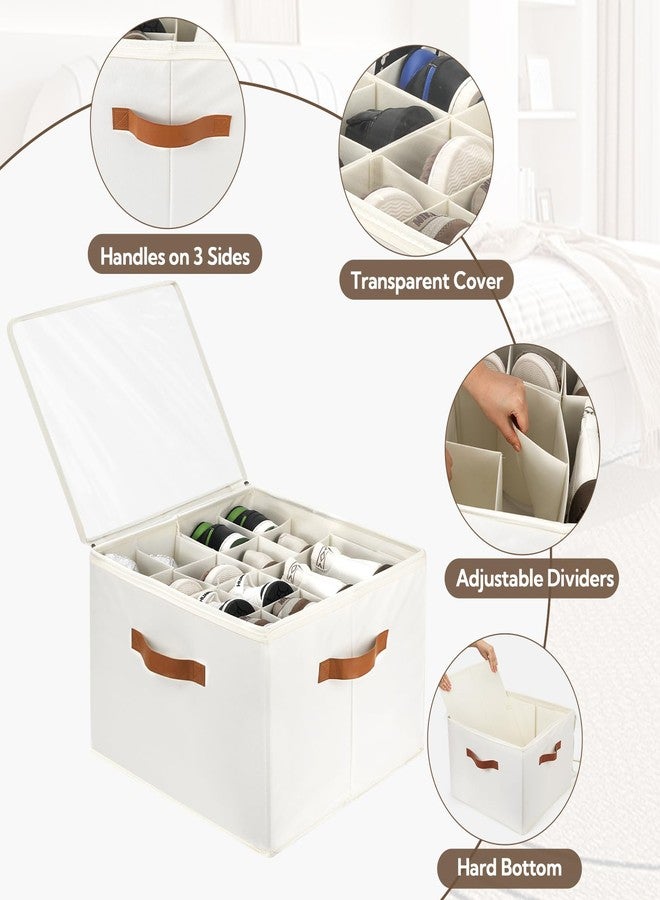 VZZNN 2 Pack Shoe Organizer for Closet, Foldable Shoe Storage Bins with Clear Cover and Adjustable Dividers, Fits up to 16 Pairs, Large Shoe Box Storage Containers with Reinforced Handles (Beige) - Image 5