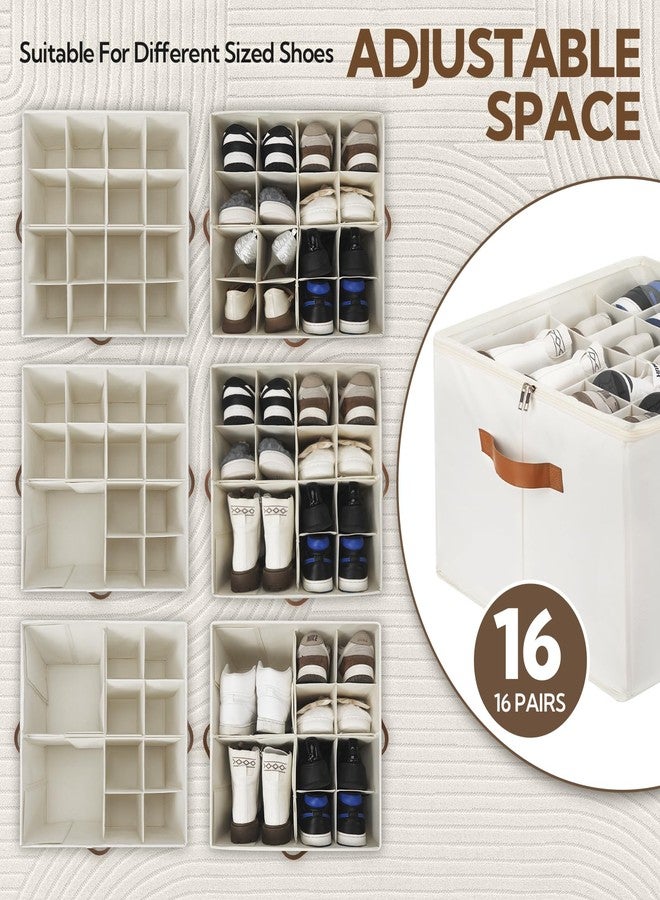 VZZNN 2 Pack Shoe Organizer for Closet, Foldable Shoe Storage Bins with Clear Cover and Adjustable Dividers, Fits up to 16 Pairs, Large Shoe Box Storage Containers with Reinforced Handles (Beige) - Image 3