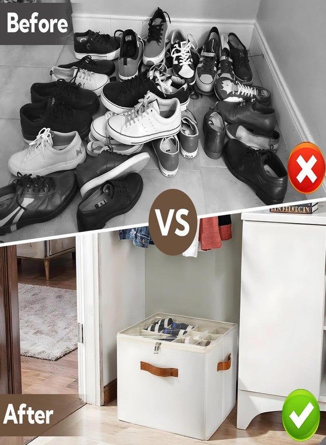 VZZNN 2 Pack Shoe Organizer for Closet, Foldable Shoe Storage Bins with Clear Cover and Adjustable Dividers, Fits up to 16 Pairs, Large Shoe Box Storage Containers with Reinforced Handles (Beige) - Image 4
