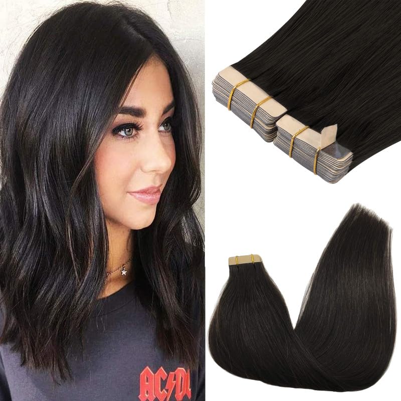 GOO GOO Tape in Hair Extensions Human Hair 1B Natural black 20inch 100g 40pcs Skin Weft Seamless Invisible Silky Straight with Thick Ends Remy Human Hair