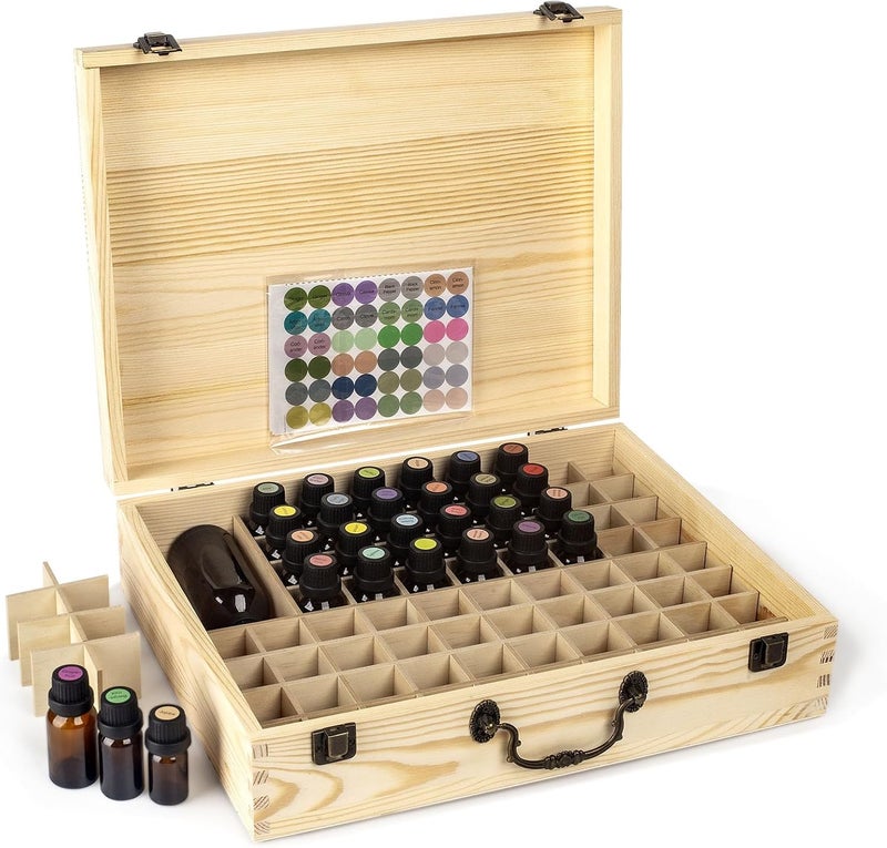 Guolich Essential Oils Storage Box Wooden Essential Oils Display Organiser 80 Compartments Stand Holder for 15ml Bottles Nail Polish Collection with Lid - Image 1