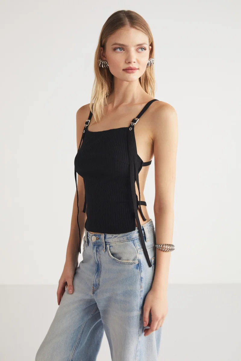 GRIMELANGE Rouela Women's Backless Accessory Detailed Black Blouse